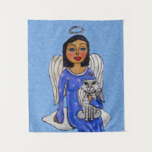 Angel Holding Cat on Cloud Silver Halos Light Blue Tapestry
