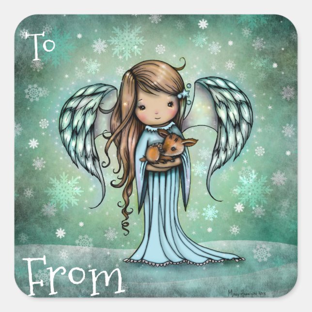 Angel holding Fawn Holiday Christmas Gift Tag (Front)