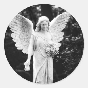 Angel holding flowers black and white photography classic round sticker