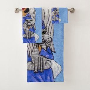 Angel Holding White Angel Cat on Cloud Light Blue Bath Towel Set