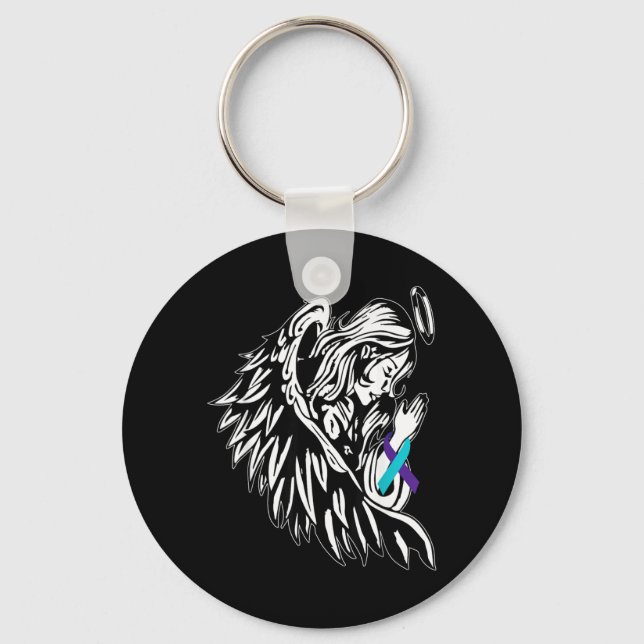 Angel Holds Teal Purple Ribbon Prevention Keychain (Front)