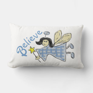 Angel in Blue Check Believe Graphics Lumbar Pillow