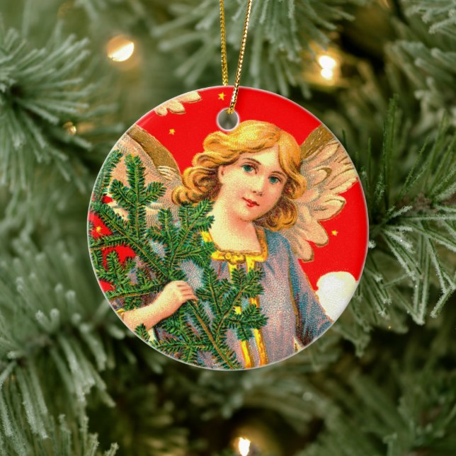 Angel in Lavender Carrying Xmas Tree  Ceramic Ornament (Tree)