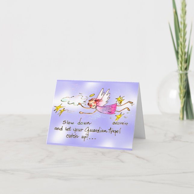 Angel In Purple & Gold Stars Says Slow Down Sketch Note Card (Front)