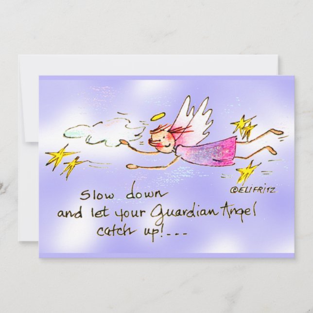 Angel In Purple & Gold Stars Says Slow Down text Holiday Card (Front)