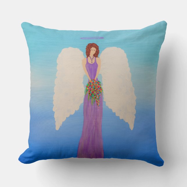 Angel in purple gown holding a spring bouquet . throw pillow (Front)