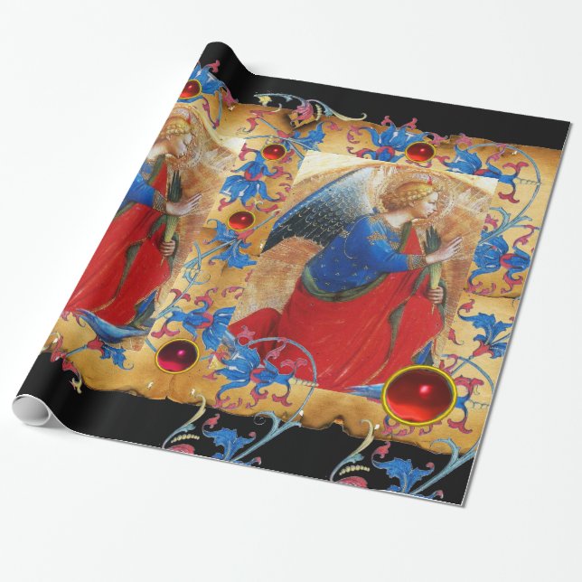 ANGEL IN RED,GOLD, BLUE FLORAL PARCHMENT RED GEMS WRAPPING PAPER (Unrolled)