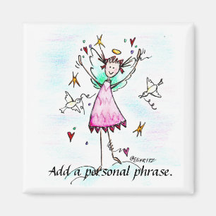 Angel in Red Gown has Hearts and Peace Dove sketch Magnet
