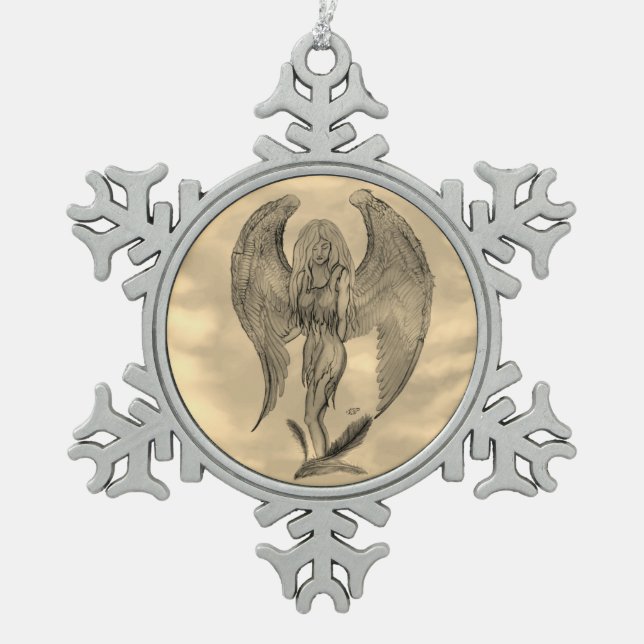 Angel in Tattoo Style Snowflake Pewter Christmas Ornament (Front)