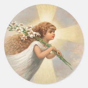 Angel in the sky holding lilies on her shoulder classic round sticker