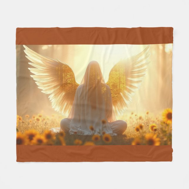 Angel in the sunflowers at sunset fleece blanket (Front (Horizontal))