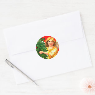 Angel in Yellow Carrying Xmas Tree  Classic Round Sticker