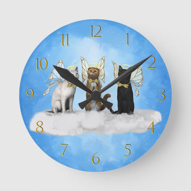 Angel Kitty Choir Sitting On A Cloud Round Clock (Front)