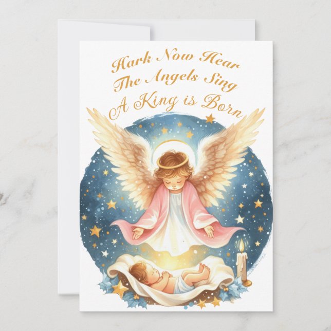 Angel looking at Baby Jesus Flat Holiday Card (Front)
