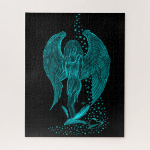 Angel lost in Love , black and green Design Jigsaw Puzzle