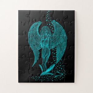 Angel lost in Love , black and green Design Jigsaw Puzzle