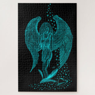 Angel lost in Love , black and green Design Jigsaw Puzzle