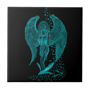 Angel lost in Love , black and green Design Tile