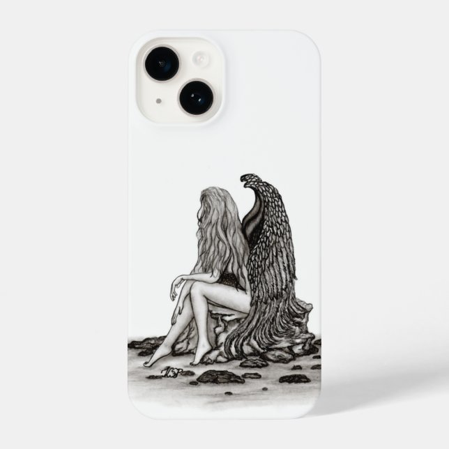 Angel , lost in thought , black and white Design iPhone Case (Back)