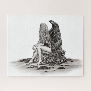 Angel , lost in thought , black and white Design Jigsaw Puzzle