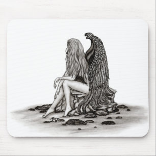 Angel , lost in thought , black and white Design Mouse Pad