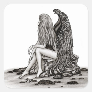 Angel , lost in thought , black and white Design Square Sticker