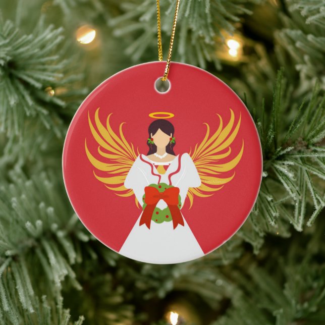 Angel Merry Christmas Red Green Wreath Wings Gift Ceramic Ornament (Tree)