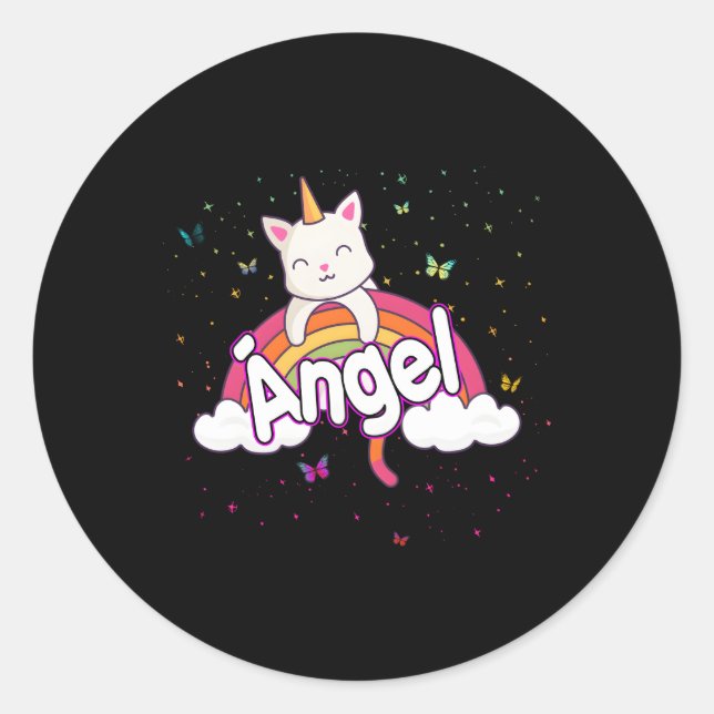 ÃNgel Name With Beautiful Caticorn Classic Round Sticker (Front)