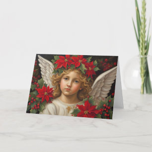 Angel of Christmas with Red Poinsettia Wreath Holiday Card