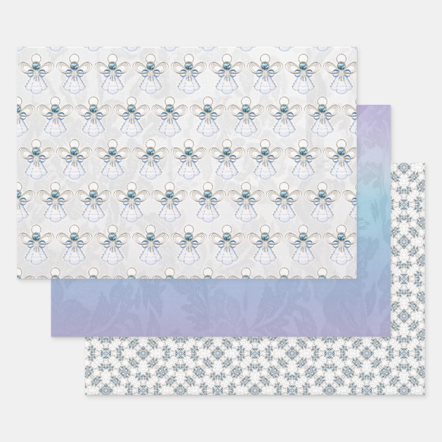 Angel of Faith, Blue Ombre Lace, Gemstone Pattern Wrapping Paper Sheet (Set)