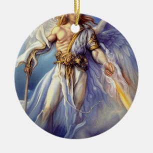Angel Of Protection In Watercolor Blue Ceramic Ornament