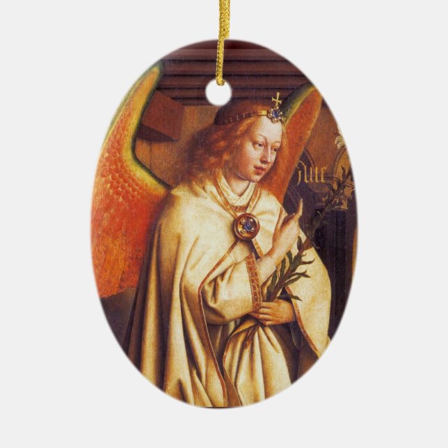 Angel of the Annunciation Red Gemstone Christmas Ceramic Ornament (Front)