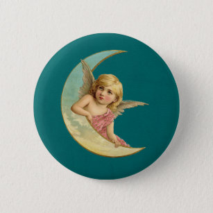 Angel on a crescent moon vintage image 2 inch round button