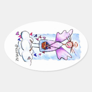 Angel on White Cloud with Basket of Hearts Drawing Oval Sticker