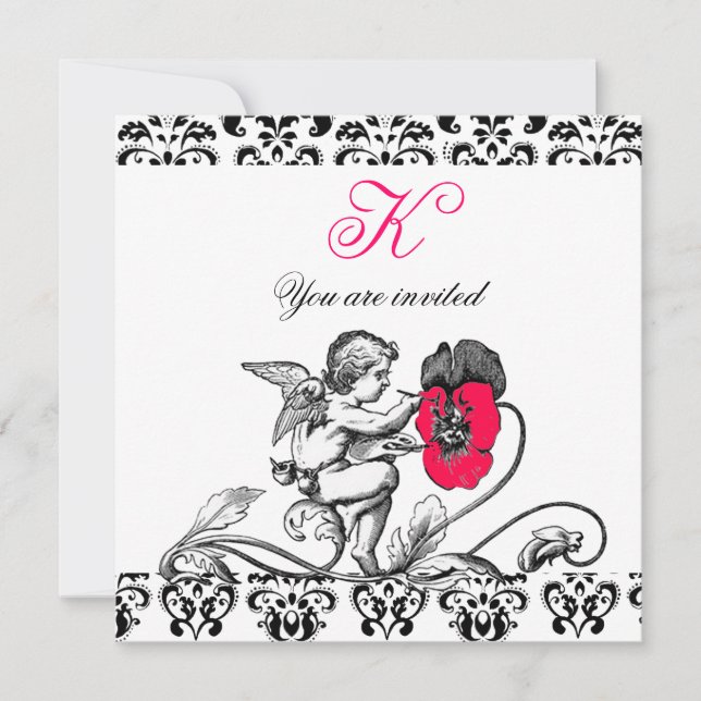 ANGEL PAINTING A PINK FLOWER DAMASK MONOGRAM INVITATION (Front)