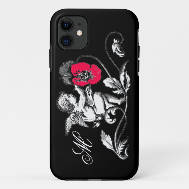 ANGEL PAINTING A PINK FLOWER,MONOGRAM ,Black Case-Mate iPhone Case (Back)