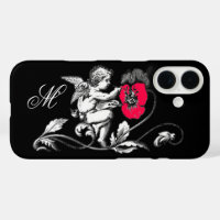 ANGEL PAINTING A PINK FLOWER,MONOGRAM ,Black