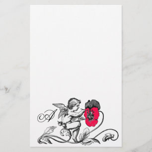 ANGEL PAINTING A PINK FLOWER MONOGRAM STATIONERY