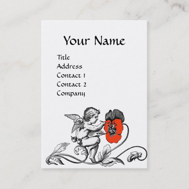 ANGEL PAINTING A RED FLOWER Black White Business Card (Front)