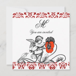 ANGEL PAINTING A RED FLOWER DAMASK MONOGRAM INVITATION