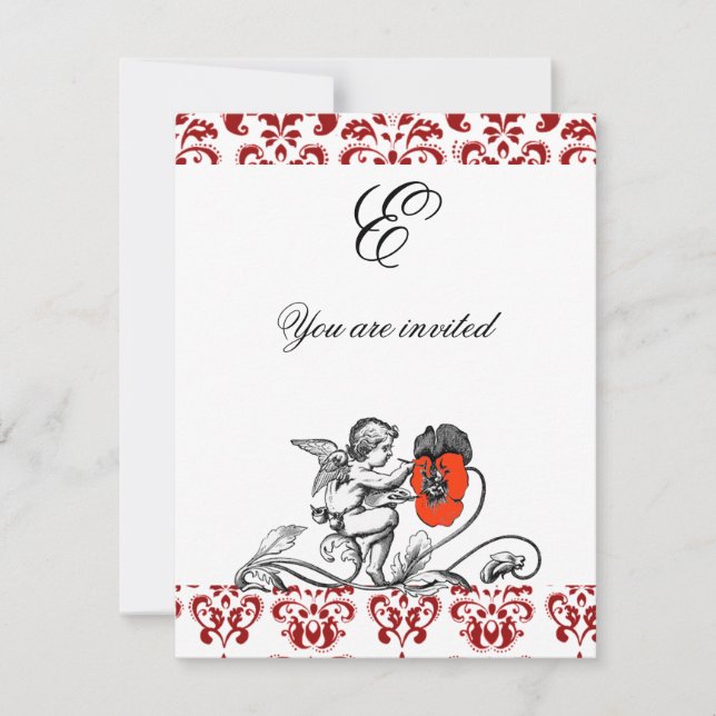 ANGEL PAINTING A RED FLOWER DAMASK MONOGRAM INVITATION (Front)