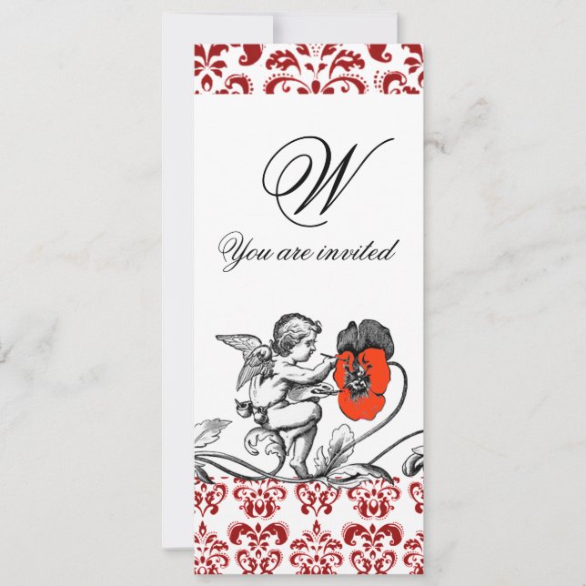 ANGEL PAINTING A RED FLOWER DAMASK MONOGRAM INVITATION (Front)