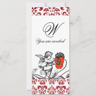 ANGEL PAINTING A RED FLOWER DAMASK MONOGRAM INVITATION