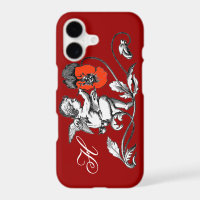 ANGEL PAINTING A RED FLOWER,MONOGRAM ,Red