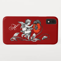ANGEL PAINTING A RED FLOWER,MONOGRAM ,Red
