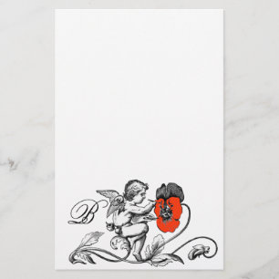 ANGEL PAINTING A RED FLOWER MONOGRAM STATIONERY