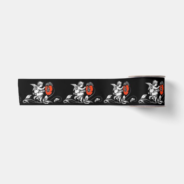 ANGEL PAINTING RED FLOWERS Black White Christmas Satin Ribbon (Front)