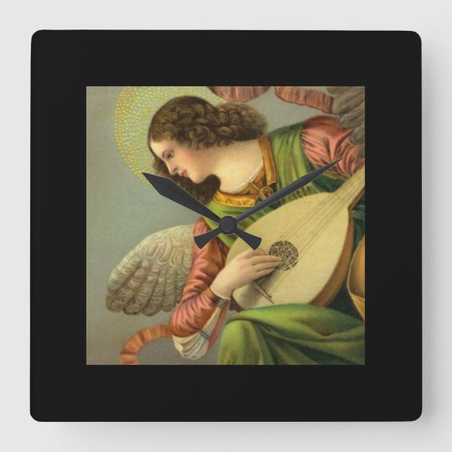 Angel Painting With Mandolin  Square Wall Clock (Front)