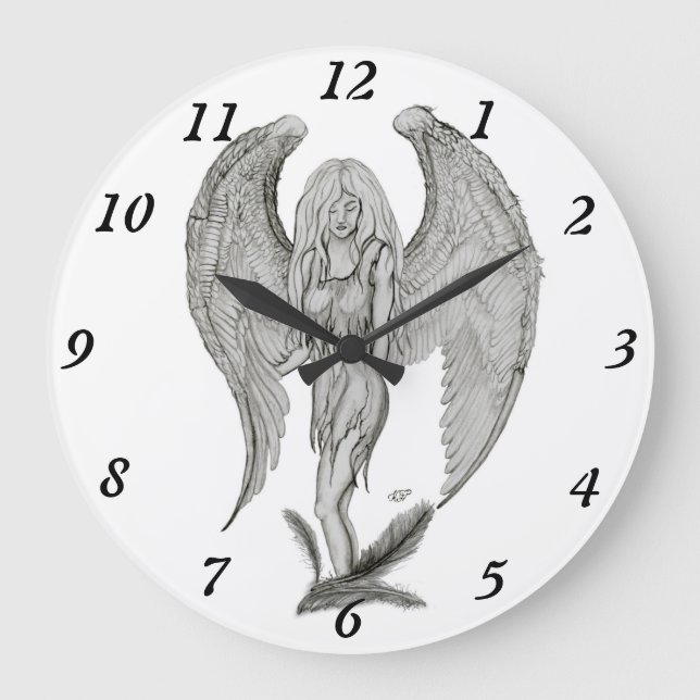 Angel , Pencil Art , black and white design Large Clock (Front)