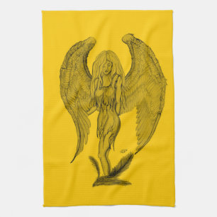 Angel , Pencil Art , yellow black design Kitchen Towel